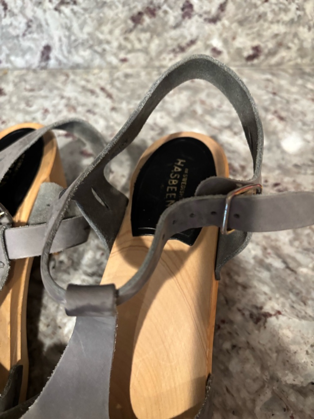 Swedish Hasbeens Grey Suede Cutout Ankle-Strap Clogs - Picture 6 of 11